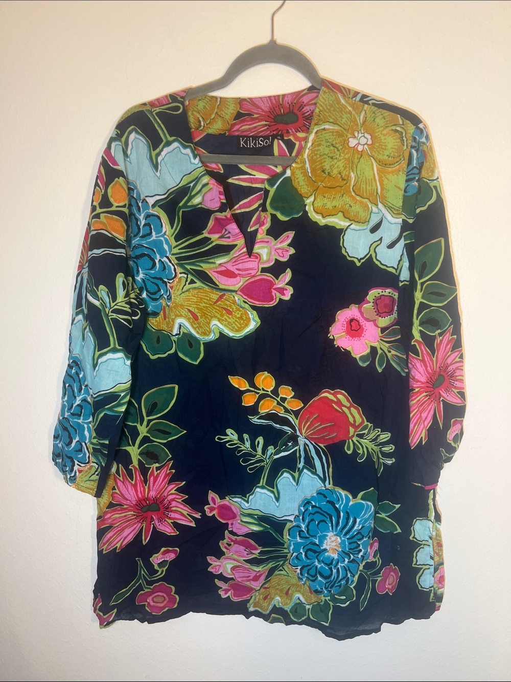 KikiSol Navy Colorful Large Multi Floral V-Notch Neck Cotton Tunic L XL